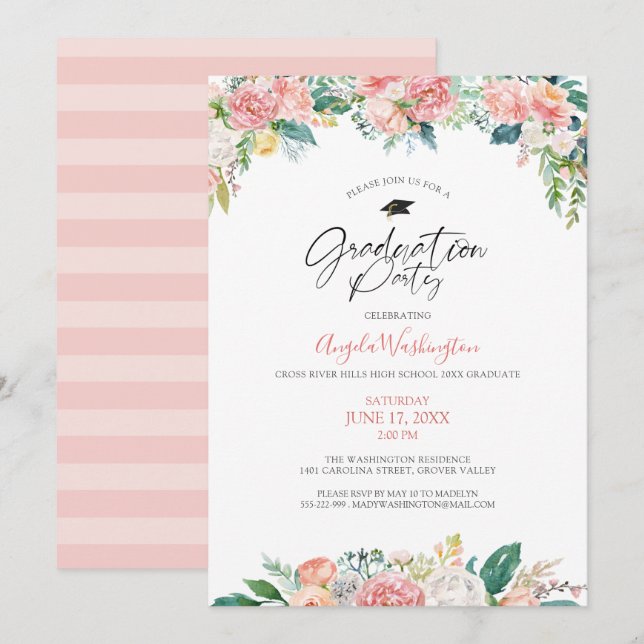 Abschluss Moderne Aquarellfarben Blush Blumenschri Einladung (Vorne/Hinten)