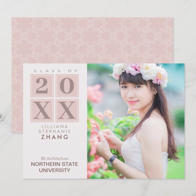 Abschluss | Moderne Quadrate Rosa Blush Foto Einladung (Vorne/Hinten)