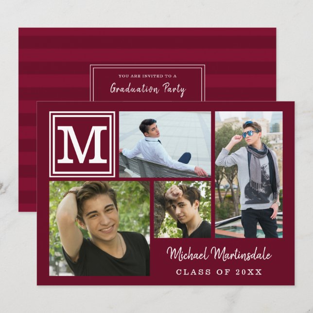 Abschluss Monogram Fotolage Burgundy Maroon Einladung (Vorne/Hinten)