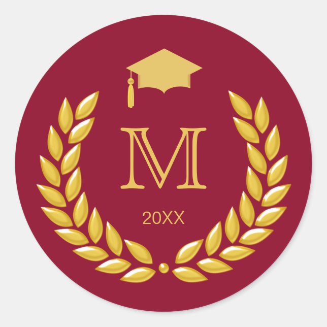 Abschluss Monogram Gold Laurel auf Maroon Runder Aufkleber (Vorderseite)