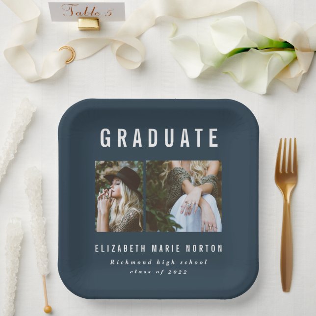 Abschluss Multi-Foto-Blau-Weiß-Party Pappteller (Hochzeit)