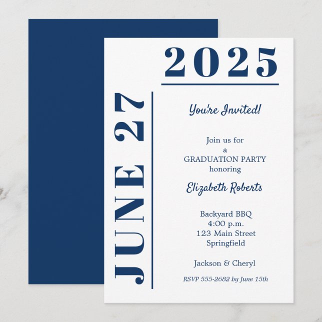 Abschluss Navy Blau und Weiß Party Einladung (Vorne/Hinten)