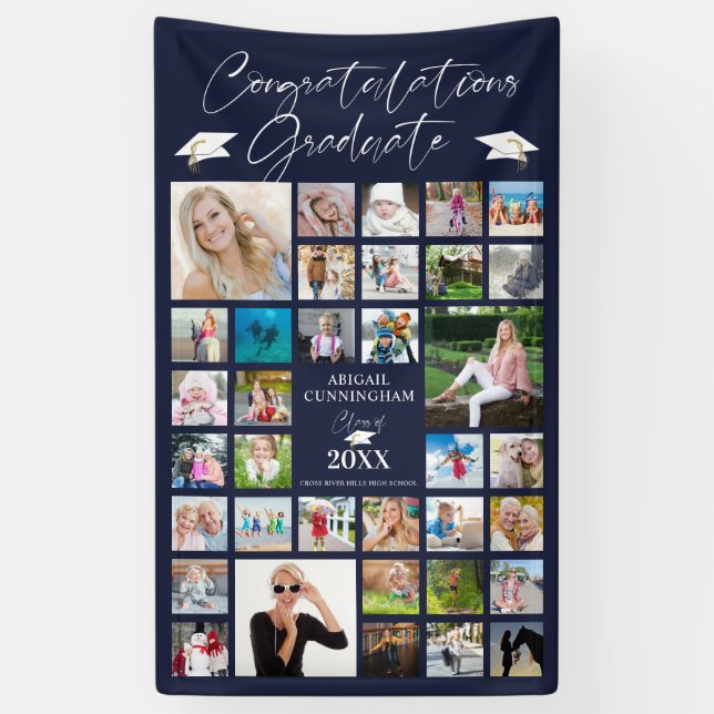 Abschluss Navy Blue Foto Collage Elegantes Skript Banner (Vertikal)