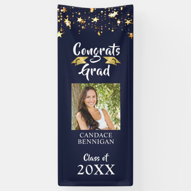 Abschluss Navy Blue Gold Stars Brush Script Foto Banner (Vertikal)