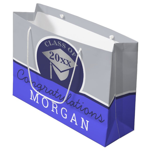 Abschluss Navy Blue Silver Chic Personalisiert Große Geschenktüte (Vorderseite Schrägansicht)