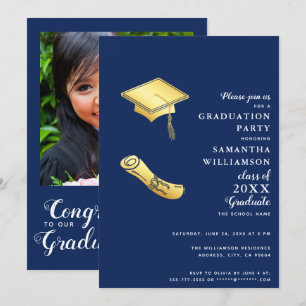 Abschluss Navy Blue White Gold Foto Class 2025 Einladung