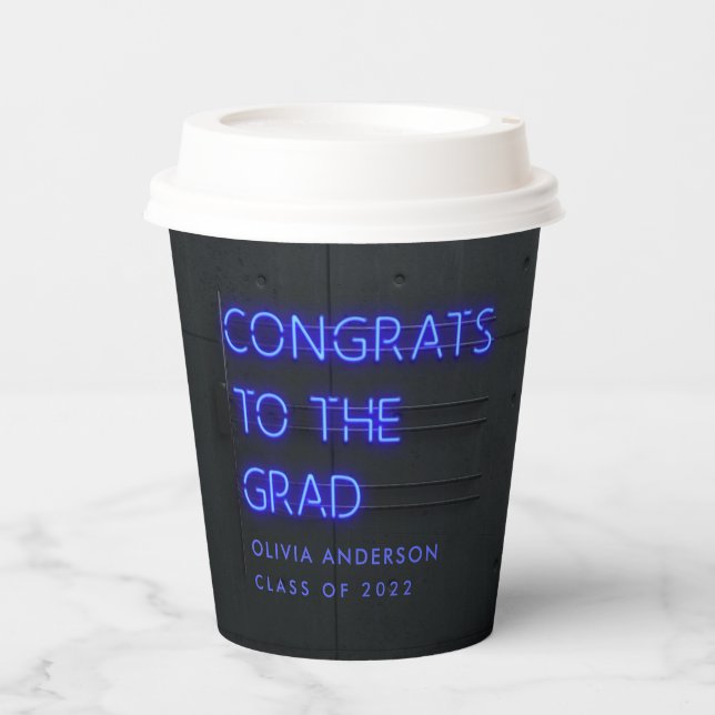 Abschluss Neon Blue Typografie moderne Glückwunsch Pappbecher (Vorderseite)