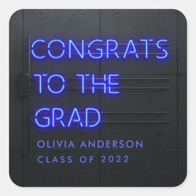 Abschluss Neon Blue Typografie moderne Glückwunsch Quadratischer Aufkleber (Vorderseite)