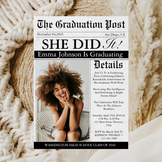 Abschluss Newspaper Einzigartiger Spaß Custom Foto Einladung (Von Creator hochgeladen)