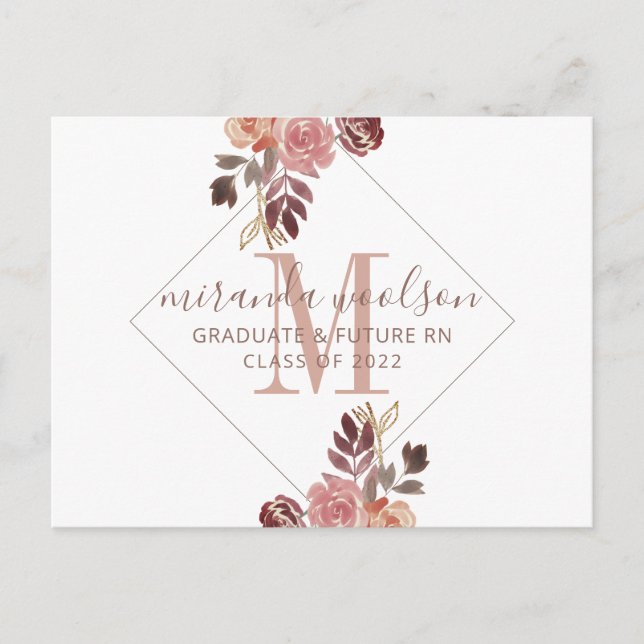 Abschluss Nurse Monogram Floral Announcement Pools Ankündigungspostkarte (Vorderseite)