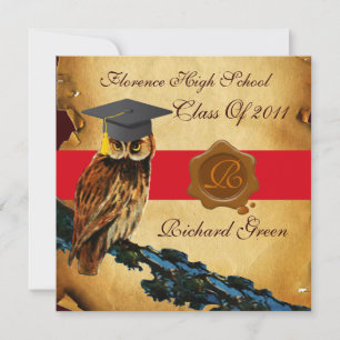 ABSCHLUSS OWL PARCHMENT BROWN WAX SIEGEL MONOGRAM EINLADUNG