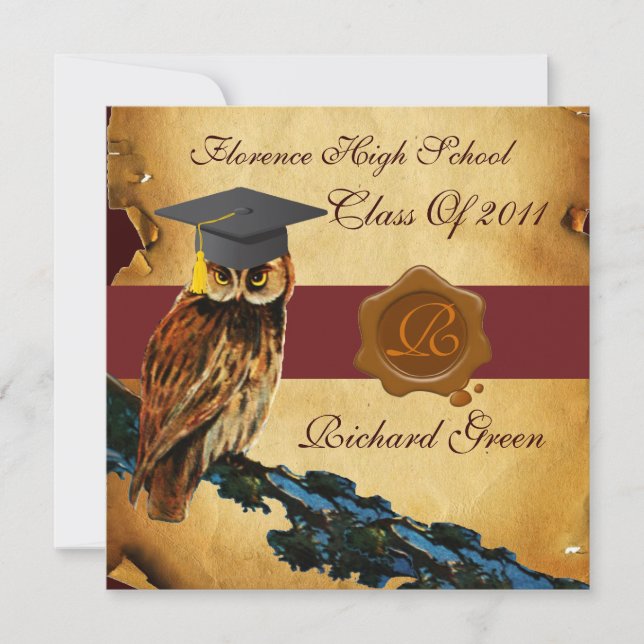 ABSCHLUSS OWL PARCHMENT BROWN WAX SIEGEL MONOGRAM EINLADUNG (Vorderseite)