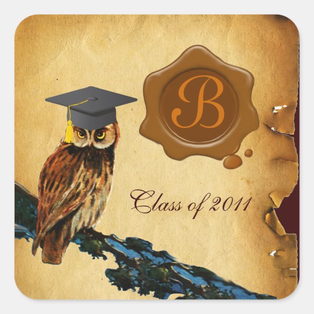 ABSCHLUSS OWL PARCHMENT BROWN WAX SIEGEL MONOGRAM QUADRATISCHER AUFKLEBER (Vorderseite)