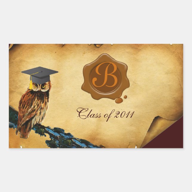 ABSCHLUSS OWL PARCHMENT BROWN WAX SIEGEL MONOGRAM RECHTECKIGER AUFKLEBER (Vorderseite)