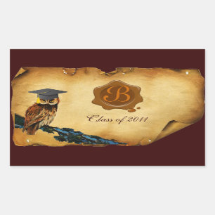 ABSCHLUSS OWL PARCHMENT BROWN WAX SIEGEL MONOGRAM RECHTECKIGER AUFKLEBER