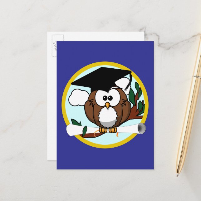 Abschluss Owl School Colors Blue Ankündigungspostkarte (Vorderseite/Rückseite Beispiel)