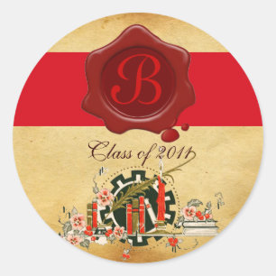 ABSCHLUSS PARCHMENT UND ROTES WAX SIEGEL MONOGRAM RUNDER AUFKLEBER