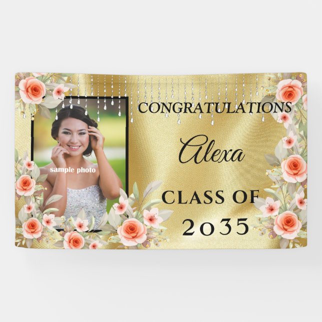 Abschluss Peach Pink Blume Gold Satin Diamanten Banner (Horizontal)