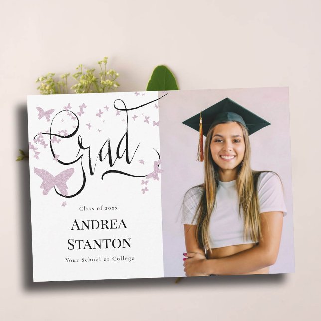 Abschluss Pink Butterflies Grad Kalligraphie Chic Ankündigung (graduation announcement grad handwritten calligraphy pink butterflies photo high school college)