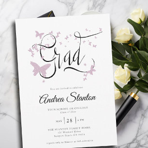 Abschluss Pink Butterflies Grad Kalligraphie Chic Einladung