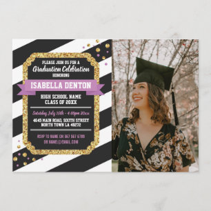Abschluss Pink Gold Foto Stripe Glitzer Einladung