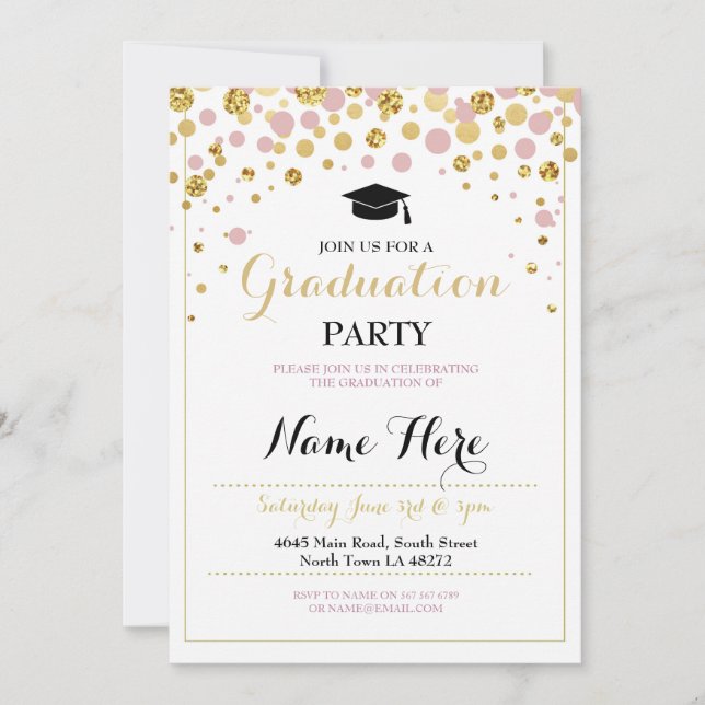 Abschluss Pink Gold Girl's Party Graduate Einladun Einladung (Vorderseite)