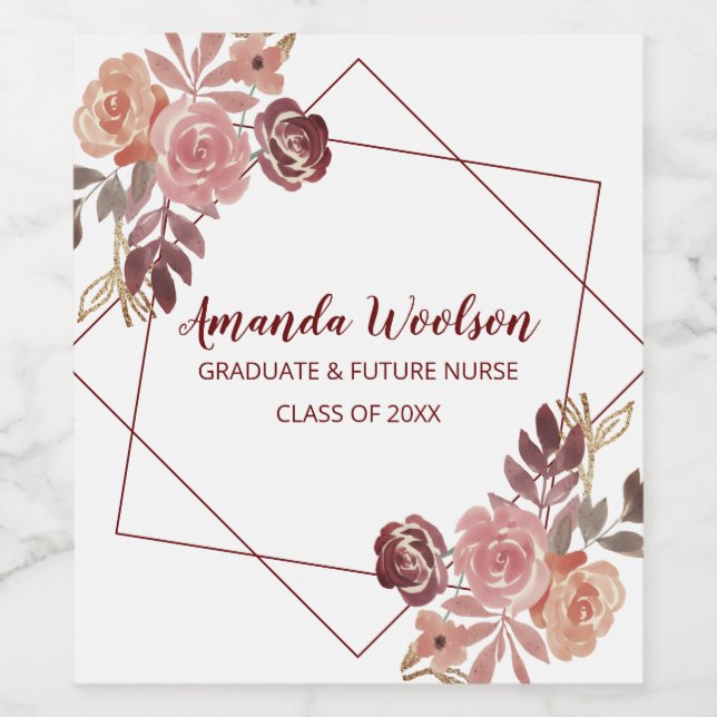 Abschluss Pink Marsala Geometric Nurle Floral Weinetikett (Einzelnes Label)