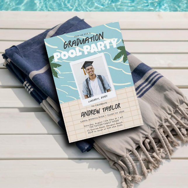 Abschluss Pool Party Vintag Sommer Elegantes Foto Einladung (male high school graduation party ideas pool party invitations grad photo template summer teal blue)
