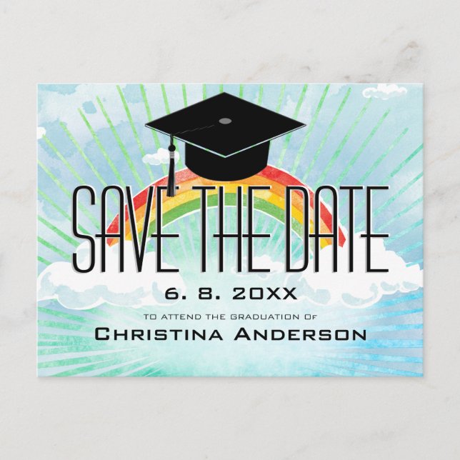 Abschluss Rainbow Save the Date Grad Cap Ankündigungspostkarte (Vorderseite)