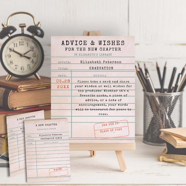 Abschluss-Ratschläge zum Buchen von Theme Library  Poster (graduation advice wishes sign vintage library card book bookish bookworm literature lover reader)