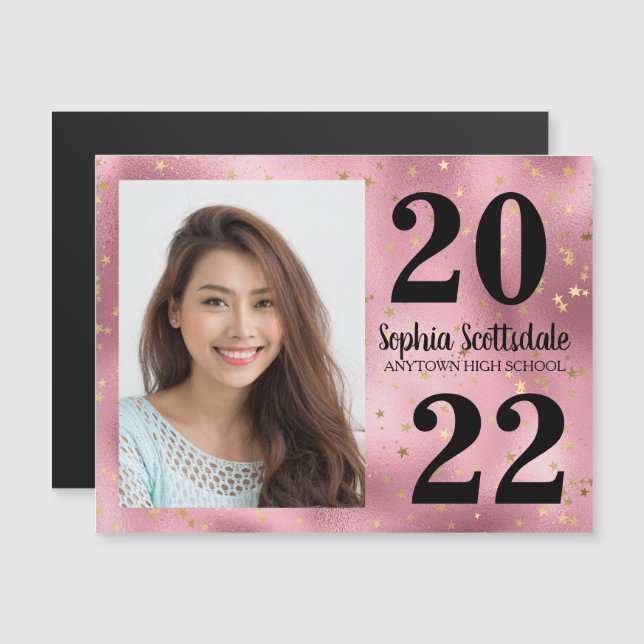 Abschluss Rett Date Foto Rosa Goldstars Girls Magneteinladung (Vorne/Hinten)