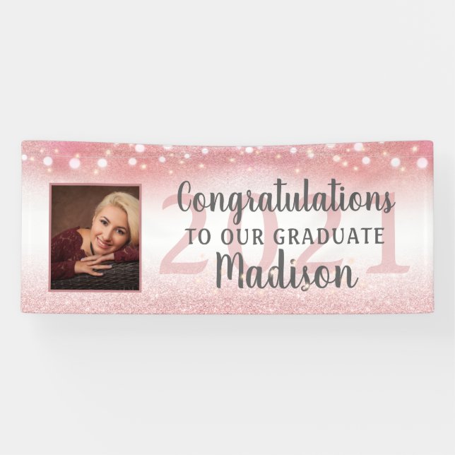 Abschluss Rose Gold Pink Glitzer Lights Foto Banner (Horizontal)