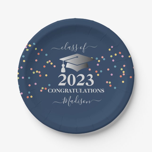 Abschluss Royal Blue Confetti Silver erste Pappteller (Vorderseite)