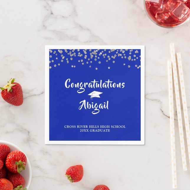 Abschluss Royal Blue Silver Confetti Pinselschrift Serviette (Beispiel)