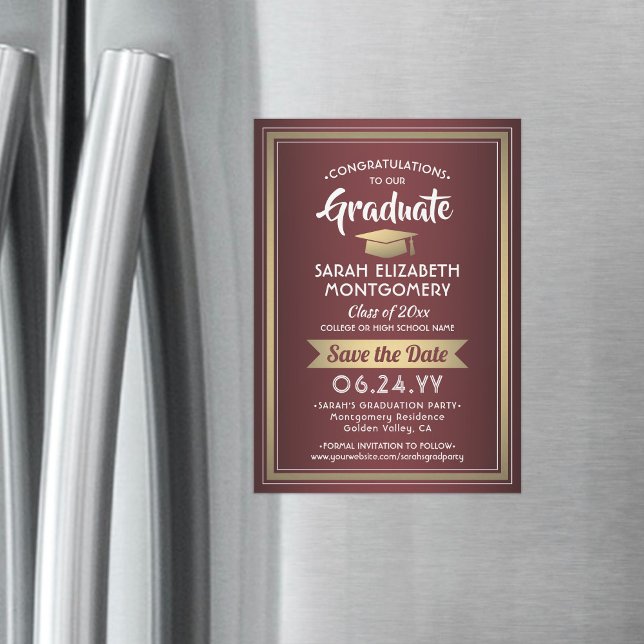 Abschluss Save the Date Burgundy Red Gold White Magneteinladung (Von Creator hochgeladen)