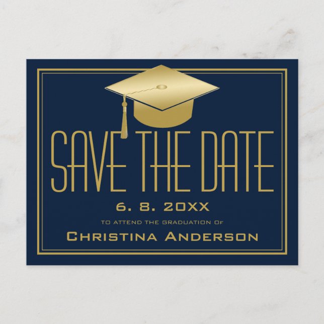Abschluss Save the Date Chic Blue Gold Grad Cap Ankündigungspostkarte (Vorderseite)