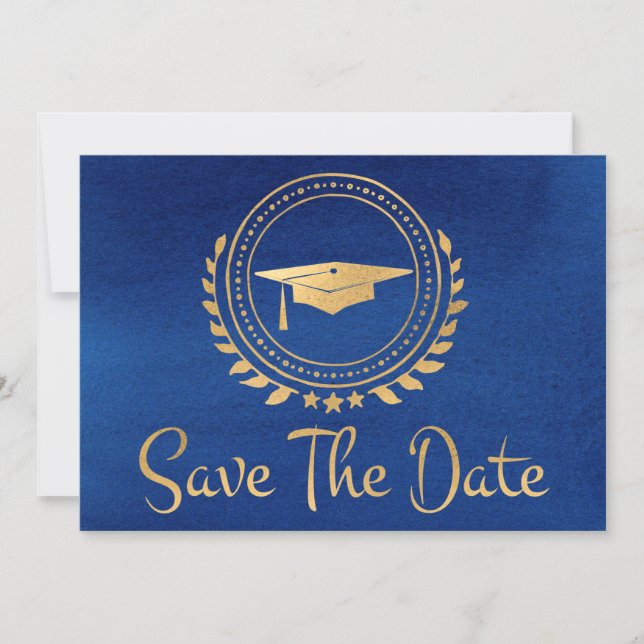 Abschluss Save the Date Gold Grad Cap Blue (Vorderseite)