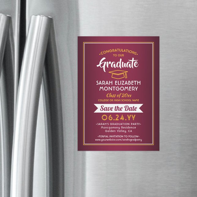 Abschluss Save the Date Maroon Red & Gold Yellow Magneteinladung (Von Creator hochgeladen)