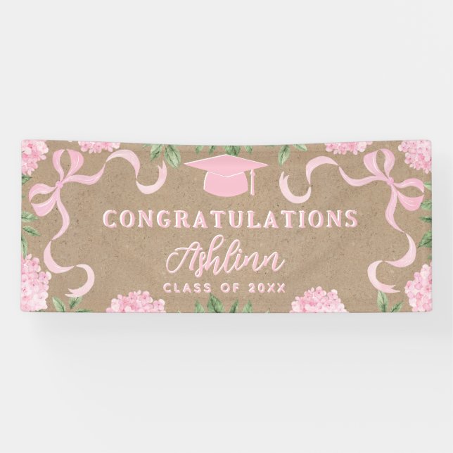 Abschluss-Schild, Kraftpapier Rosa Hydrangea  Banner (Horizontal)