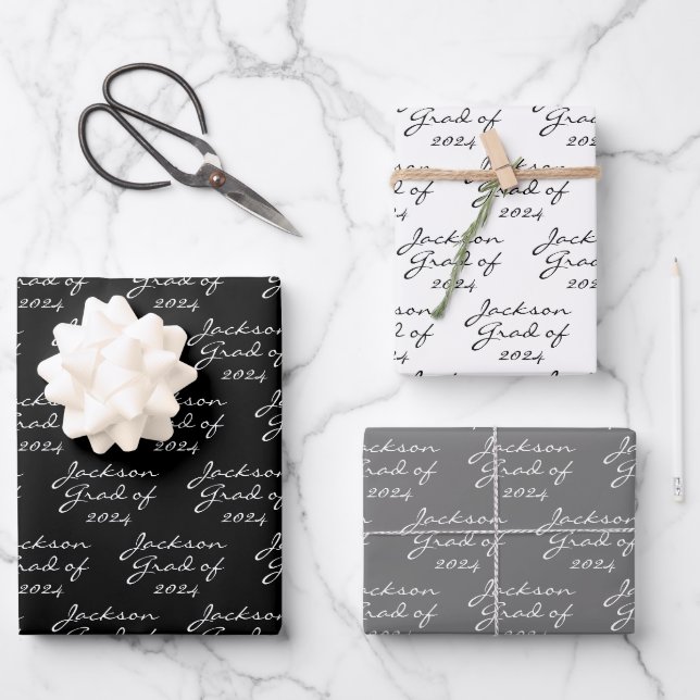 Abschluss Schwarz/Weiß Personalisiert Grad Geschenkpapier Set (Vorderseite)