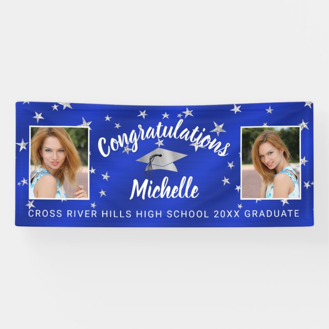 Abschluss Script Foto Royal Blue Silver Stars Banner (Horizontal)