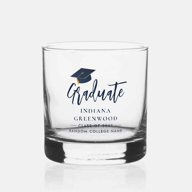 Abschluss Script Navy Blue Personalisiert Keepake Whiskyglas (Vorderseite)