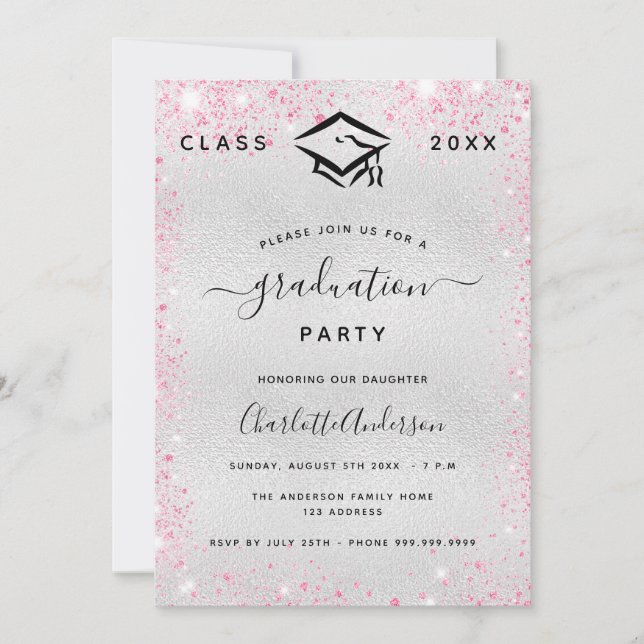 Abschluss Silberrosa Glitzer Einladung (Vorderseite)