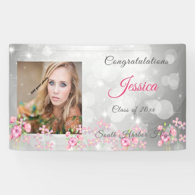 Abschluss Silver Bokeh, rosa Blume, kundenspezifis Banner (Horizontal)