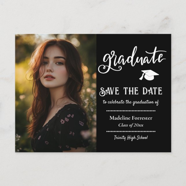 Abschluss-Skript | Save the Date Grad Foto Ankündigungspostkarte (Vorderseite)