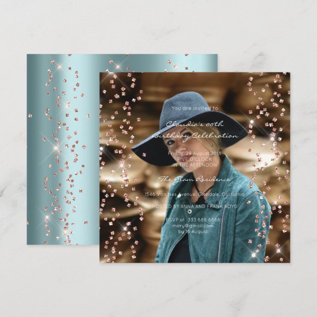 Abschluss Spark Foto Confetti Rose Blau Einladung (Vorne/Hinten)