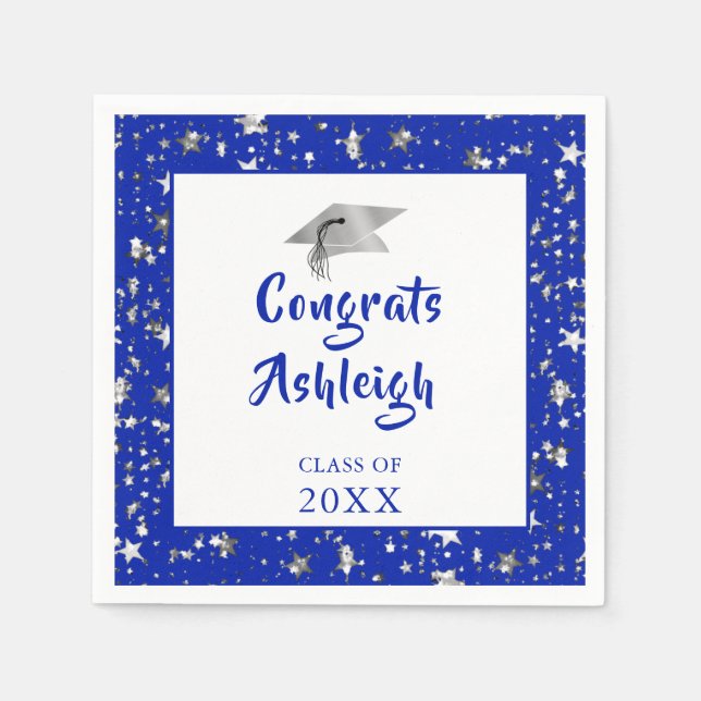 Abschluss Stars Brush Script Royal Blue Serviette (Vorderseite)