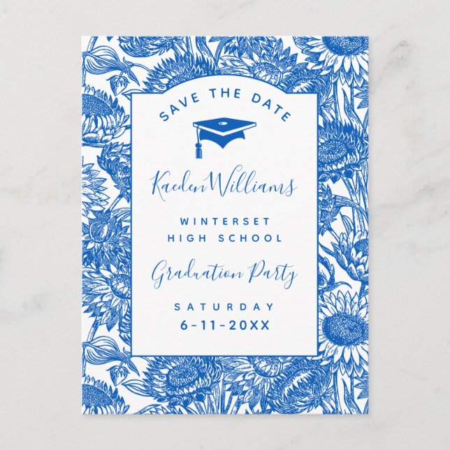 Abschluss Sunflowers Blau Save the Date Postkarte (Vorderseite)