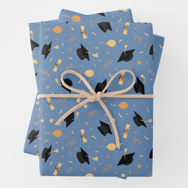 Abschluss Thema mit Cap, Diplom, Balloons Blue Geschenkpapier Set (Beispiel)