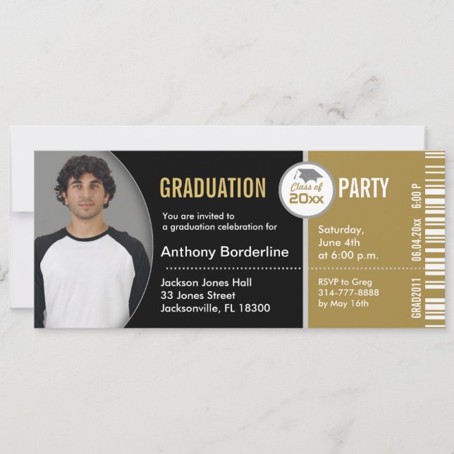 Abschluss Ticket Party Einladung TKT313 Gold (Vorderseite)